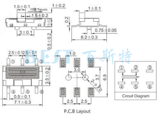 微型拨动开关MSS-22C01参考图纸